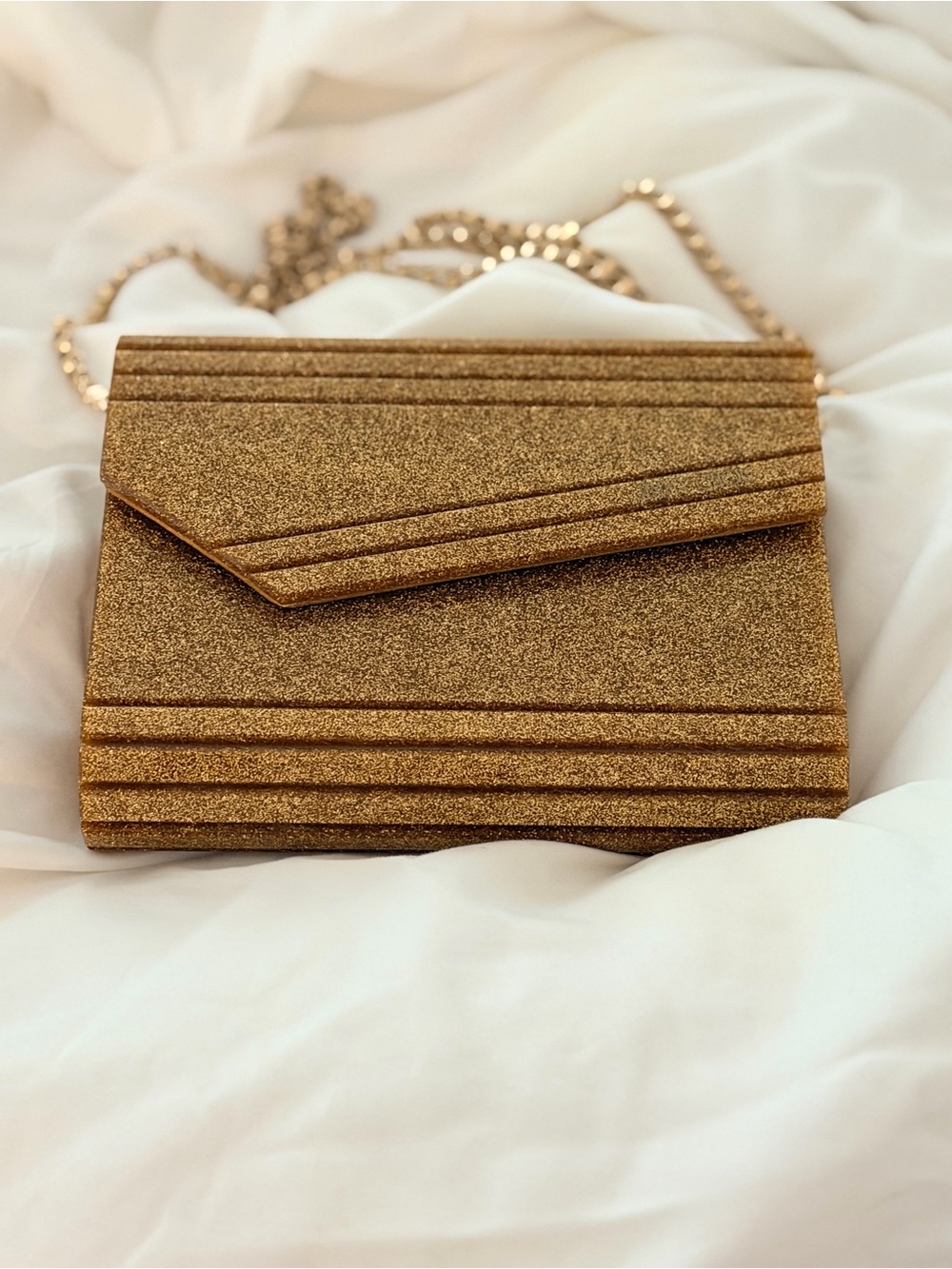 Jimmy Choo Gold Glitter Envelope Clutch with Chain